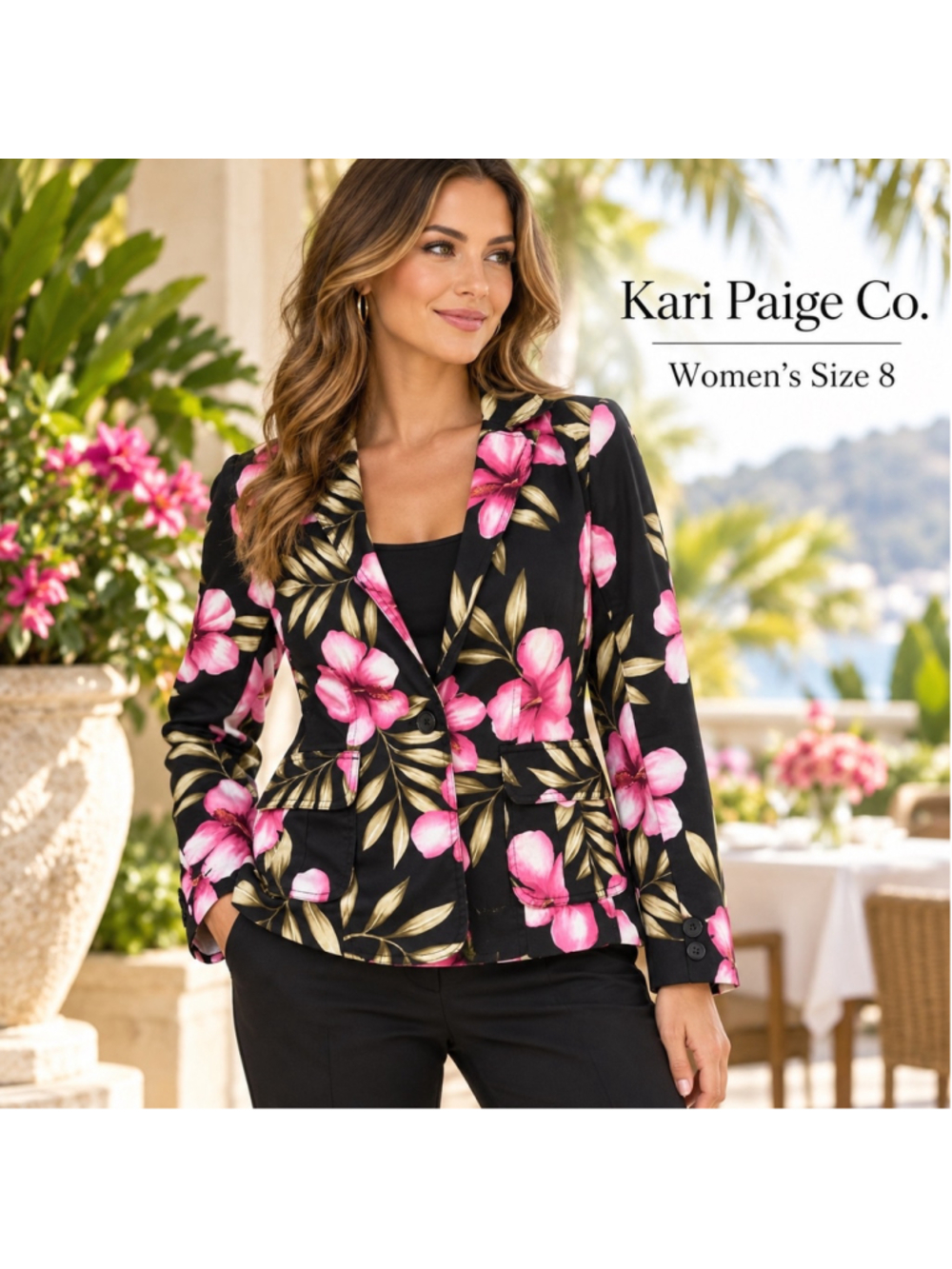 Women's La Cabana Floral Blazer Size S Black Pink Tropical Print Jacket F26